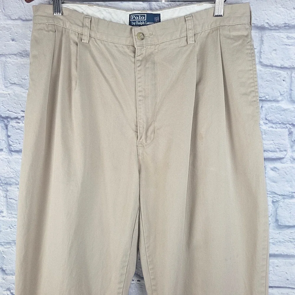 Vintage Polo Ralph Lauren Men Hammond Pant Khaki Pleated Cuffed Chinos (34X29)
